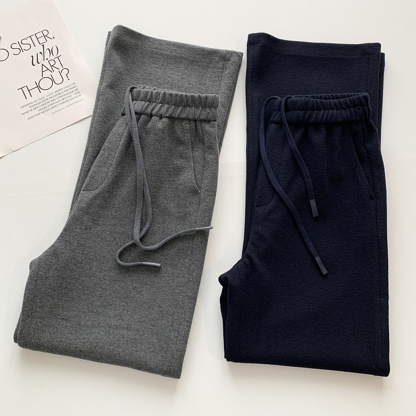 一扫臃肿超修腿型~高腰抽绳舒适显瘦运动风醋酸羊毛微喇裤长裤女