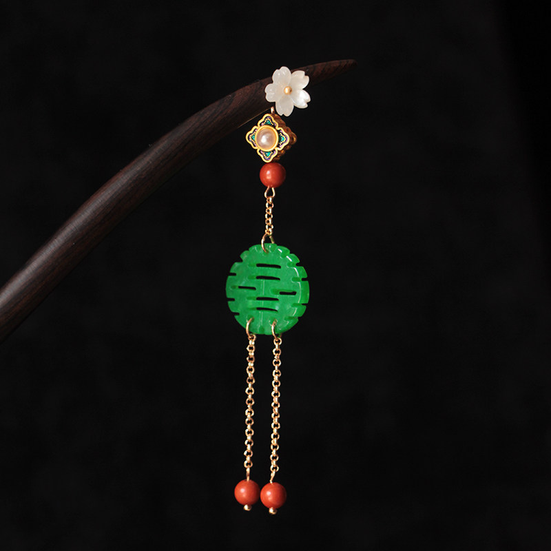 原创手工流苏发簪干青双喜盘发簪子古典民族风女式旗袍汉服配饰