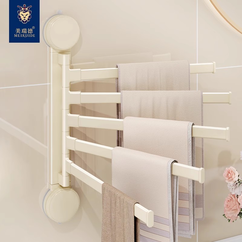 吸盘旋转毛巾架免打孔壁挂奶油风收纳挂杆架浴室多功能转角置物架