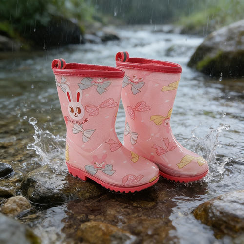 甜美粉色蝴蝶结儿童雨鞋 公主风萌趣可爱防滑耐磨鞋底 身柔软舒适
