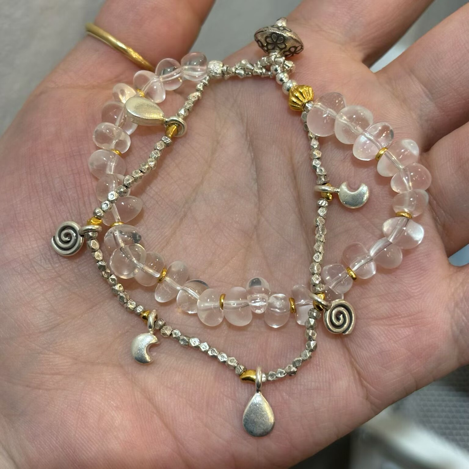 泰国925纯银做旧银配双层果冻白水晶随型手链女款手串小众设计款