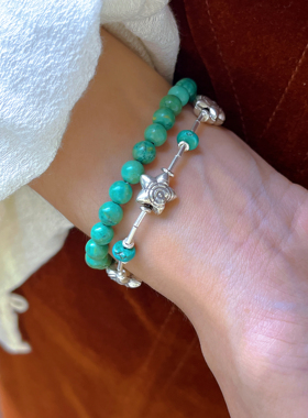 925纯银手工F1布拉德皮特同款银扣版天然绿松石串珠百搭手链男女