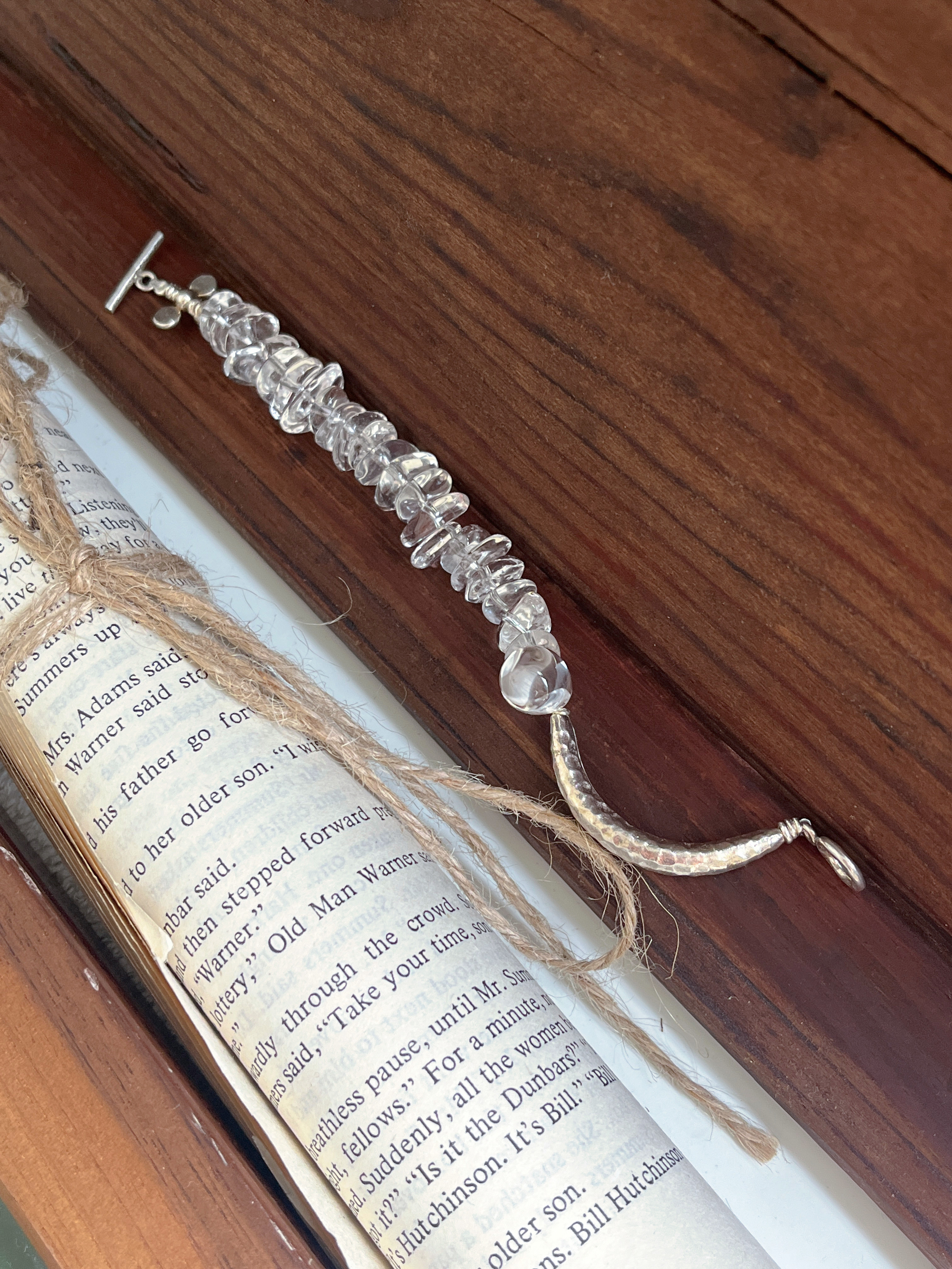 泰国清迈925纯银不规则天然白水晶手链弯管水滴原创款