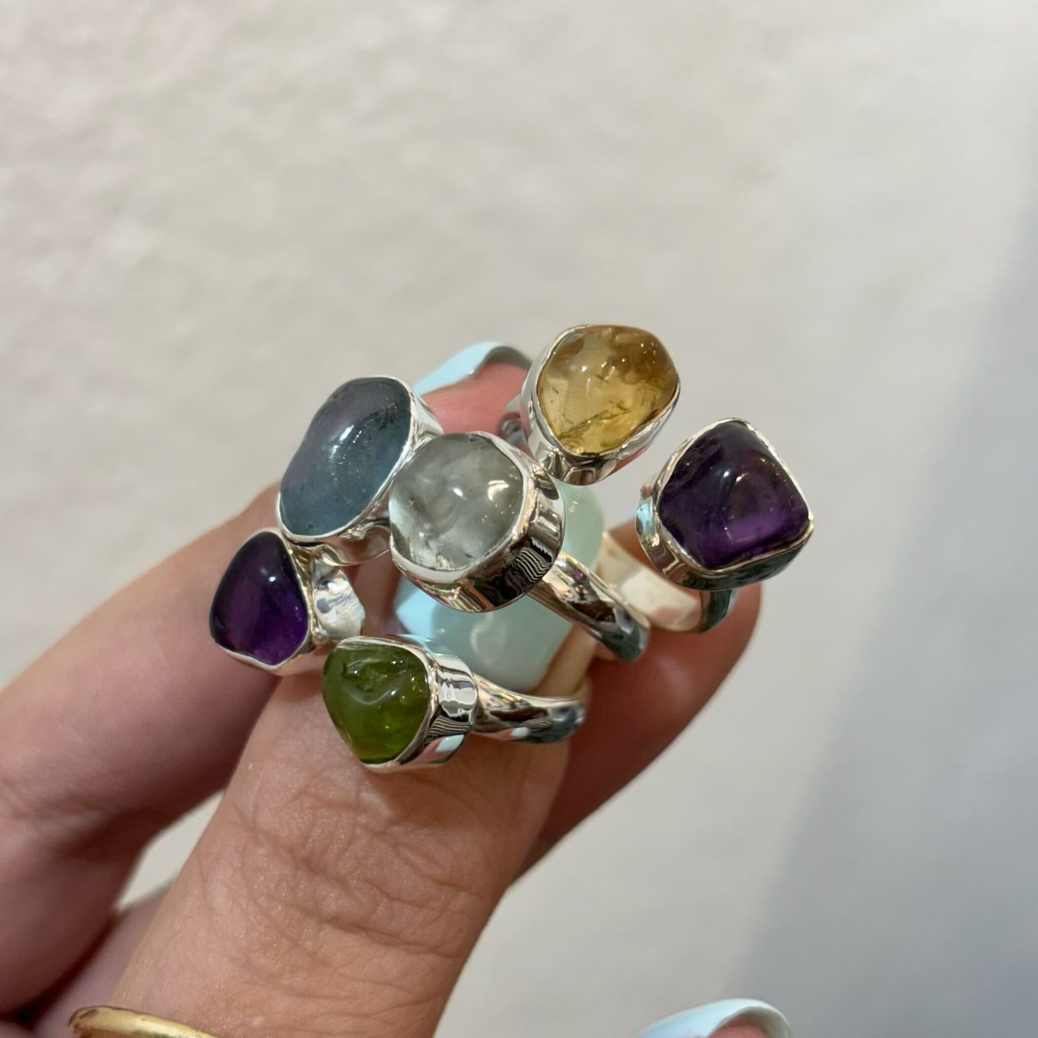 新款印度手工s925银天然水晶戒指天然紫水晶托帕石黄水晶橄榄石