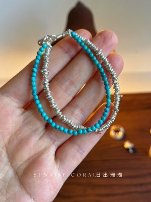 日出珊瑚 泰国原矿天然绿松石手工手链女925纯银碎银子双层手串