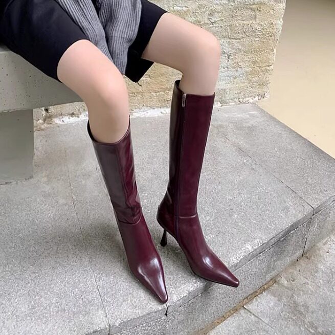 9.5cm 黑色靴子女款秋天细跟长筒靴女秋款酒红色皮靴尖头高跟靴
