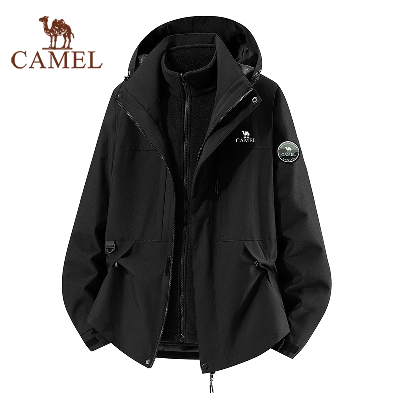 骆驼户外冲锋衣男女款三合一可拆卸外套幻影黑加厚防风防水登山服