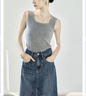 显瘦舒适纯色百搭上衣 修身 100%精纺羊毛高弹力U领无袖 坑条背心