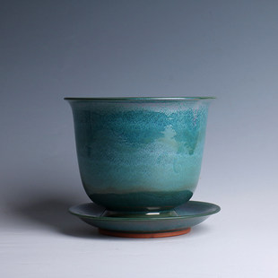 仿古宋代仰钟式花盆套装炉钧钧瓷窑变复古居家日用种花盆栽带盆托