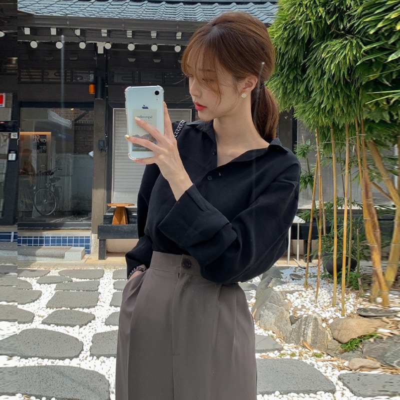 韩国chic极简主义百搭纯色衬衫+复古显瘦气质高腰九分裤两件套女