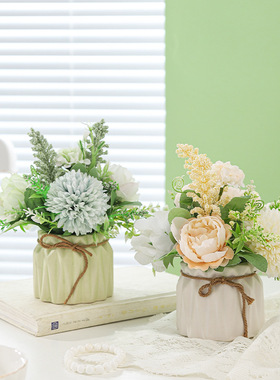 田园风小清新绣球花陶瓷盆栽家居客厅办公桌面装饰绢花仿真花摆件