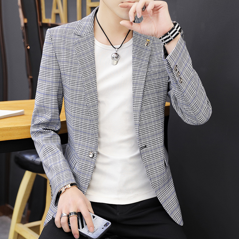 2022 casual suit mens spring new top Korean Plaid fashion slim fitting suit single Western top coat