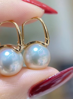 简约百搭款珍珠耳钉正圆大颗粒澳洲白珍珠耳环耳圈s925纯银耳饰女