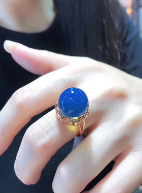 2020新款多米尼加蓝珀戒指925银镀玫瑰金净水高蓝无杂蓝珀戒指女