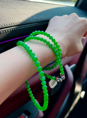 新中式正阳绿翡翠手串6mm冰透辣绿色天然干青手链毛衣链显白项链