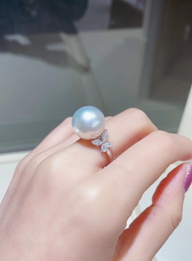 新品澳洲白珍珠奢华满钻戒指s925纯银淡水母贝珍珠女款活口指环戒