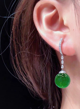 天然正阳绿冰种帝王绿白玉髓耳环s925银耳钉玻璃种圆珠翡翠耳饰女