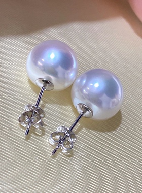 南洋金珍珠正圆素面耳钉18k金白珍珠耳饰ins风简约百搭男女款耳针