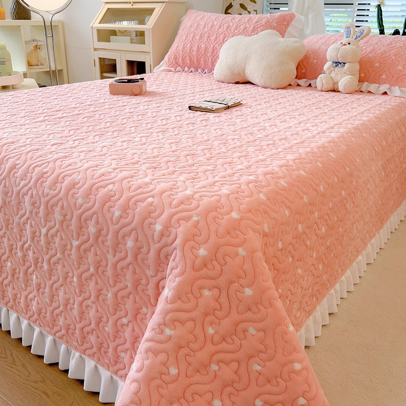 ins公主风牛奶绒床盖三件套冬季加厚花边款宝宝绒床单保暖夹棉褥