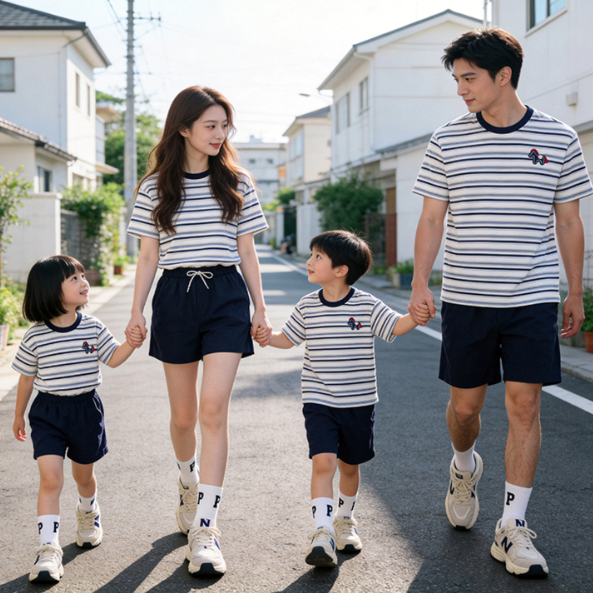 休闲条纹亲子装夏装户外运动穿搭短袖T恤全家装母女母子大码套装