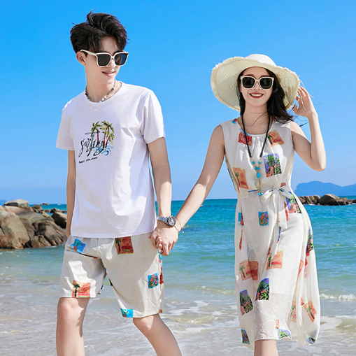 波西米亚雪纺裙三亚旅游情侣装夏季海边拍照可下水速干短裤沙滩装