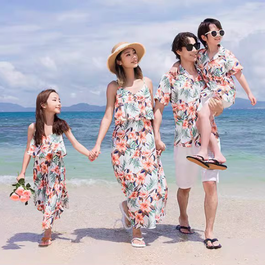 欧美外贸夏威夷度假一家三口亲子装夏装三亚海边旅游穿母女沙滩裙