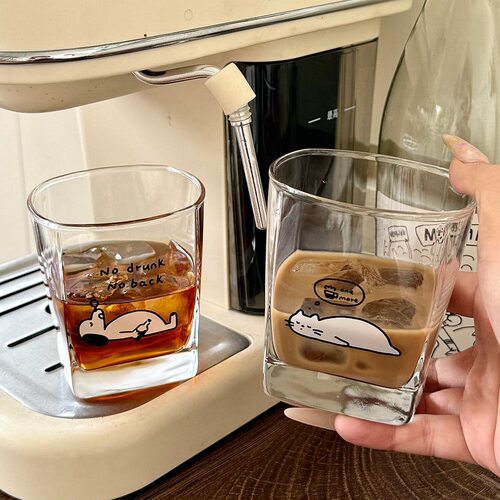 韩式ins风小猫微醺酒杯高颜值小狗方形杯子家用玻璃杯喝水杯子