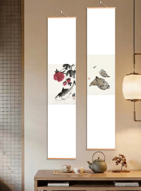 齐白石玄关装饰画花鸟鱼虫美学装饰新中式竖版茶室书房客厅壁画