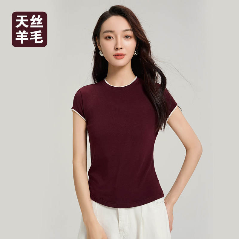 新款莱赛尔天丝羊毛短袖T恤女士韩版显瘦飞袖半袖打底拼接打底衫