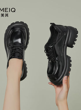 CC家CC气质系带英伦皮鞋增高春季新款时尚乐福鞋百搭黑色厚底单鞋