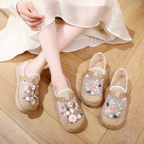 夏季新款绣花拖鞋民族风老北京布鞋女古风汉服休闲透气欧根纱网鞋