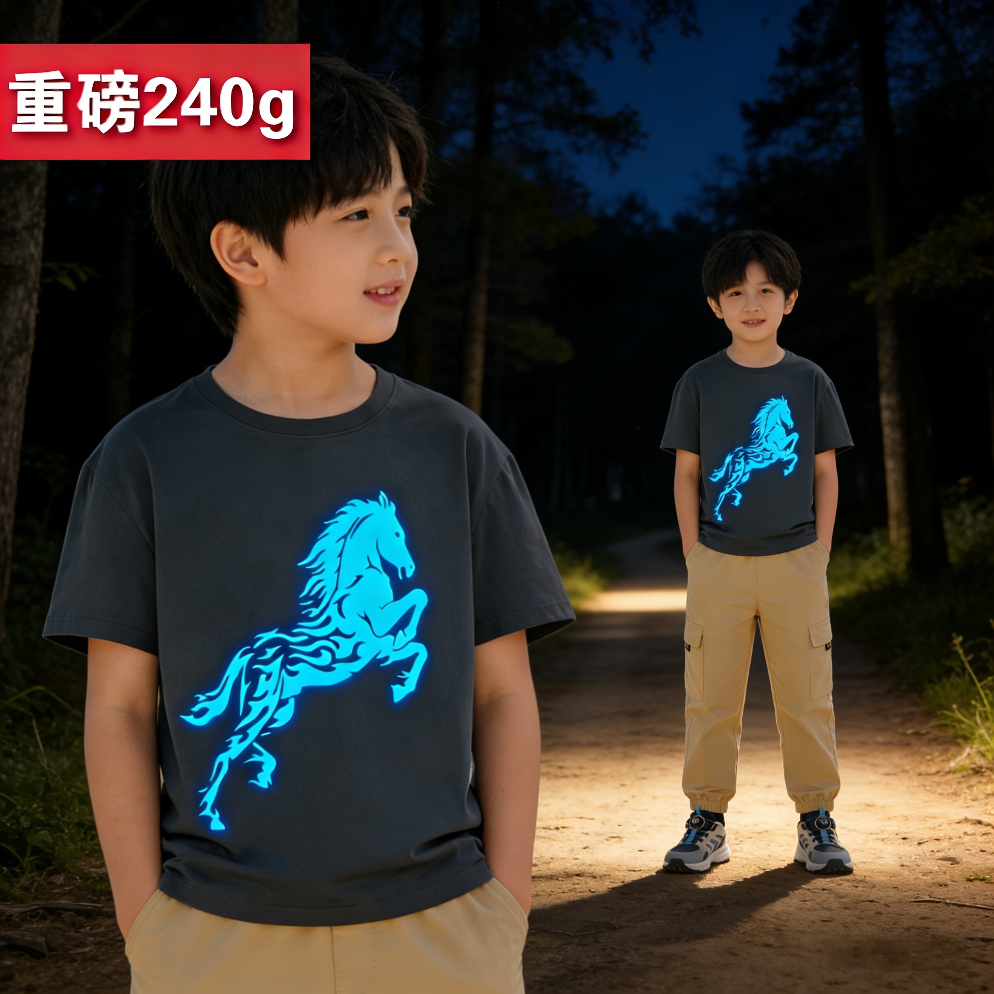 马年重磅纯棉夜光骏马短袖t恤艺术感创意新潮流男童圆领宽松T恤衫