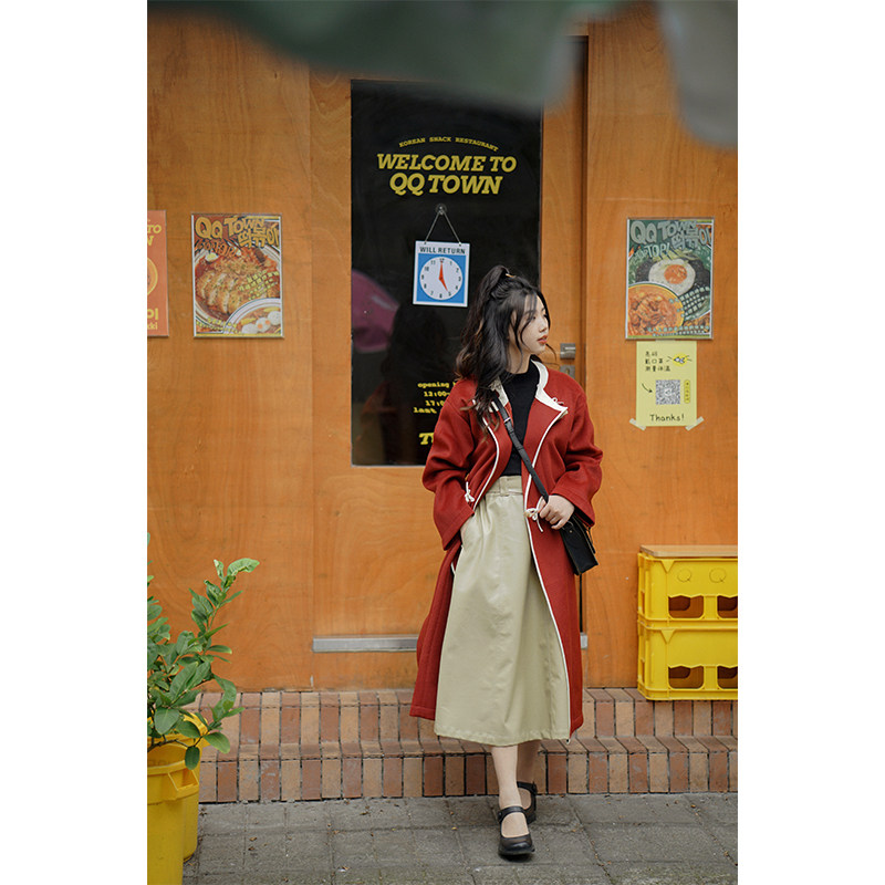 LUZHOUJI 블루 매화 양면 양모 HANFU 요소 양모 라운드 넥 롱 코트 A 라인 가죽 하프 길이 비정형 스커트 가을 겨울 자켓