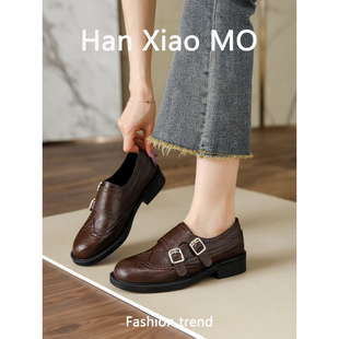 皮带扣布洛克风孟克鞋女乐福鞋2026春季款复古雕花低跟小皮鞋大码