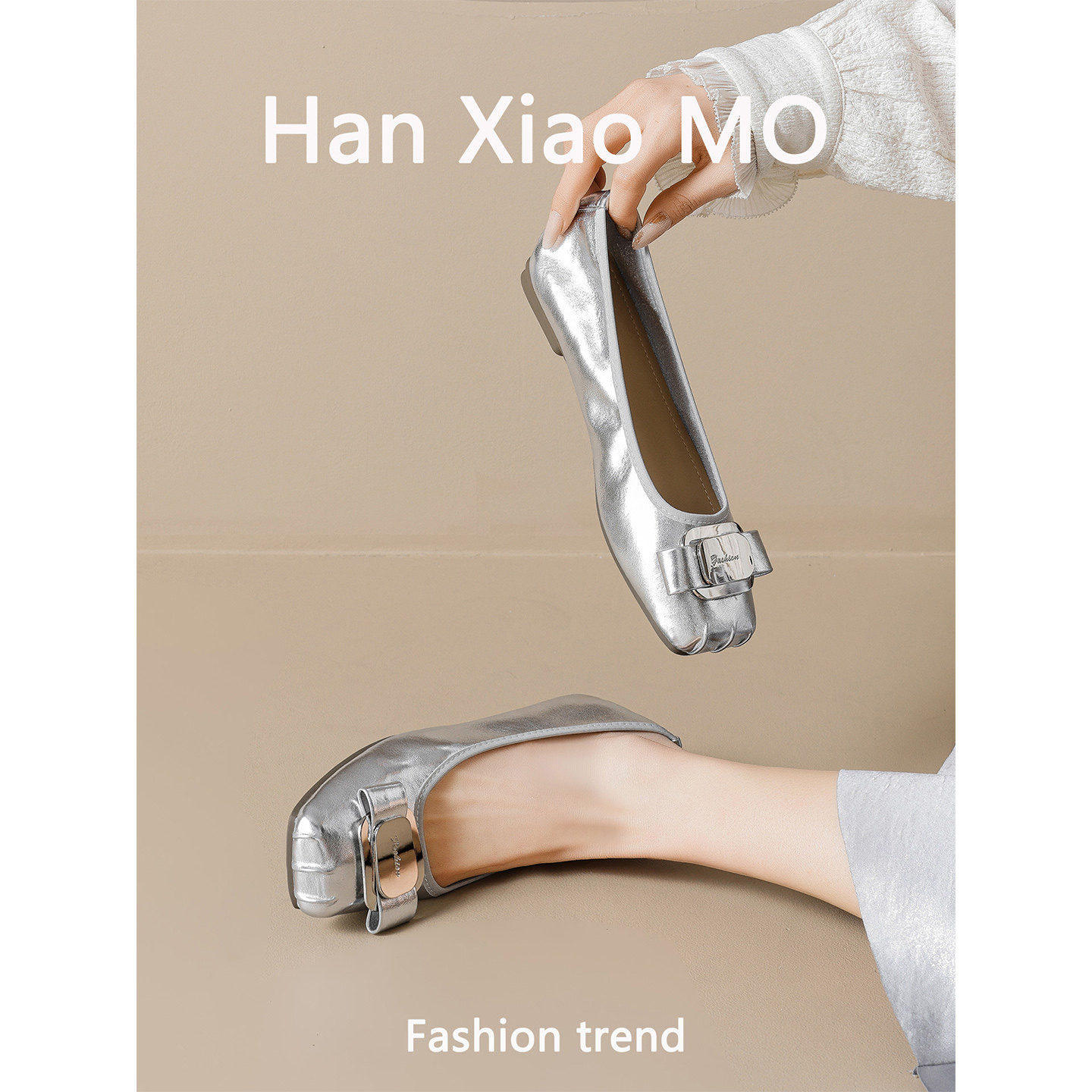 法式蝴蝶结银色方头浅口单鞋女平底2026春季新款软底奶奶鞋子大码,女鞋,浅口单鞋,淘宝优惠券,粉丝福利购,淘宝优惠卷