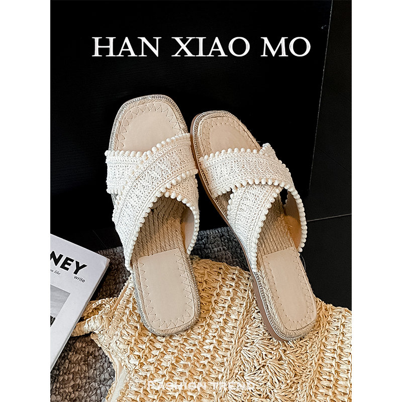 波西米亚田园风~草编一字凉拖鞋