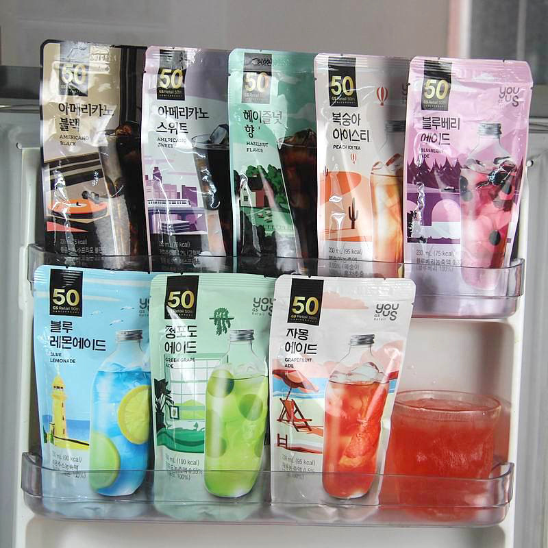 韩国进口youus友施美式黑咖啡榛子味即饮咖啡桃子果味饮料340ml袋