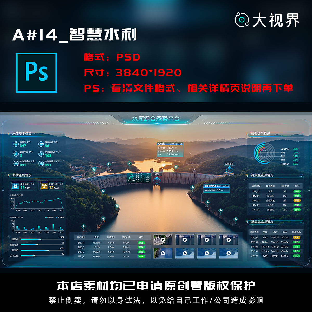 A#14_智慧水利数据可视化数据大屏UI界面PSD源文件设计素材