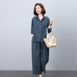 休闲牛仔套装女2026春新款时尚中年妈妈宽松阔腿裤两件套洋气减龄