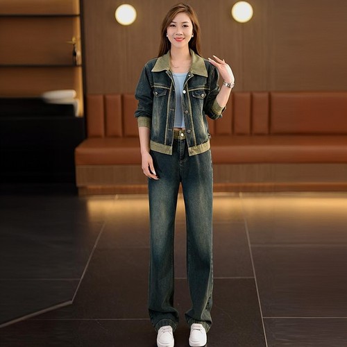 时尚牛仔套装女2025春秋季新款洋气短款外套阔腿裤休闲复古两件套