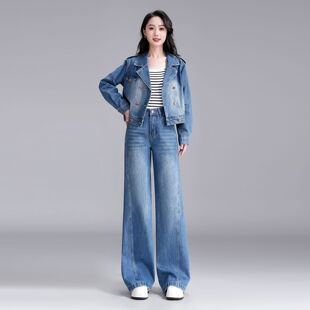 港风复古设计感牛仔套装女2026春秋新款短款外套阔腿裤显瘦两件套