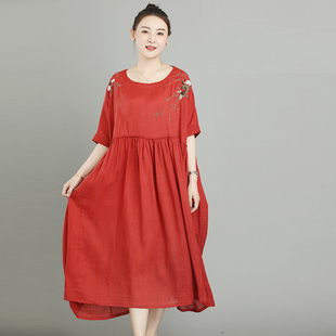高支苎麻连衣裙夏宽松大码 绣花中裙文艺复古胖mm孕妇可穿百褶裙