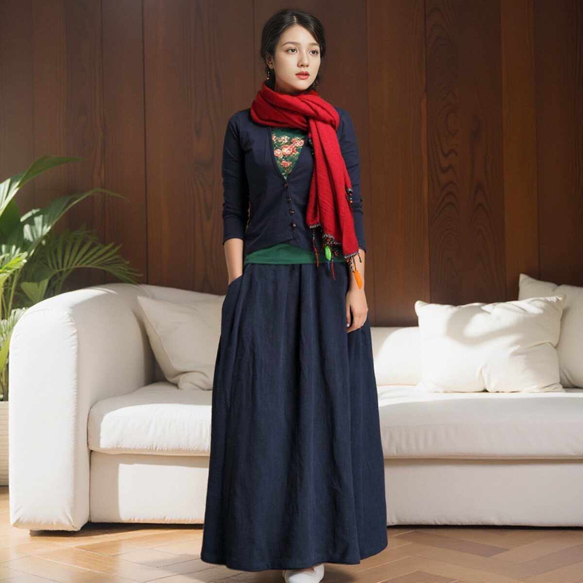 定制棉麻半身裙女高腰亚麻长裙大码显瘦大摆裙文艺休闲高腰百褶裙