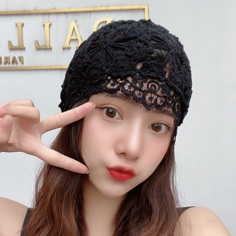 蕾丝帽子镂空夏季网红唯美勾花手工女钩编织帽包头发带毛线帽薄款