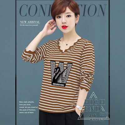 2024纯棉春秋季新款条纹长袖女装V领中青年妈妈装短款上衣气质