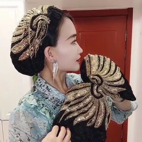 沙特林纱巾夏季薄款凤尾发箍帽子回族女士重工网红爆款盖包头套巾