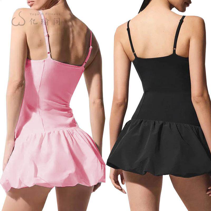 欧美甜美风吊带款含胸垫连体网球裙防走光蓬蓬裙褶皱花苞裙