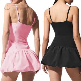 欧美甜美风吊带款 含胸垫连体网球裙防走光蓬蓬裙褶皱花苞裙