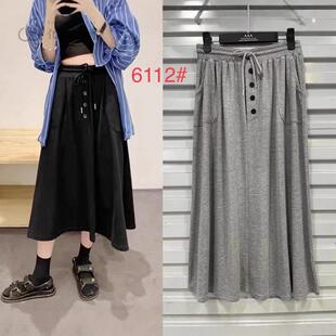 休闲卫衣棉裙子中长款半身裙女抽绳高腰显瘦大码胖mm运动风a字裙
