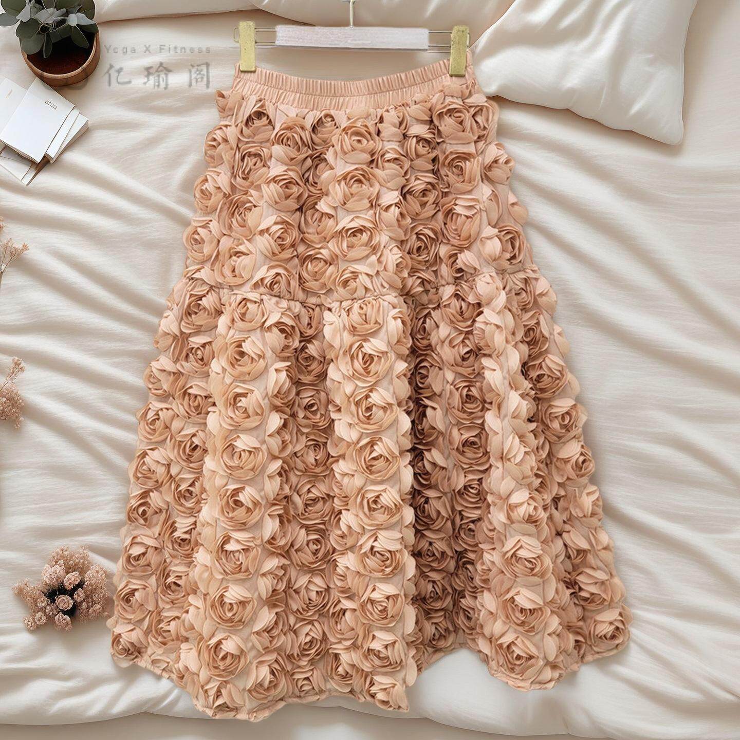 秋冬季新款立体玫瑰花朵A字半身裙中长款松紧腰设计感气质蓬蓬裙